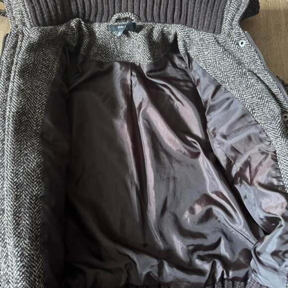 Zara vtg chocolate brown houndstooth cocoon funnel neck wool blend coat size L - Picture 4 of 5